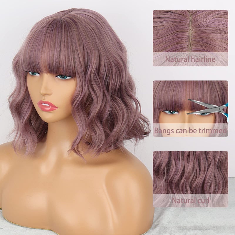 MISSQUEEN Short Wavy Wigs for Women,Synthetic Cute Purple Wavy Wigs with Bangs,14inch Natural Curly Synthetic Women Bob Wig(Purple) - Image 3